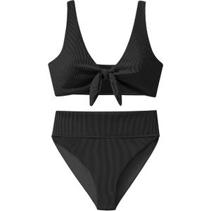 ANRABESS Bikini Sets for Women Summer High Waisted 2 Piece Bathing Suit Ribbed Tie Knot Swimsuit 2026 Beach Vacation Swimwear (Black, M)