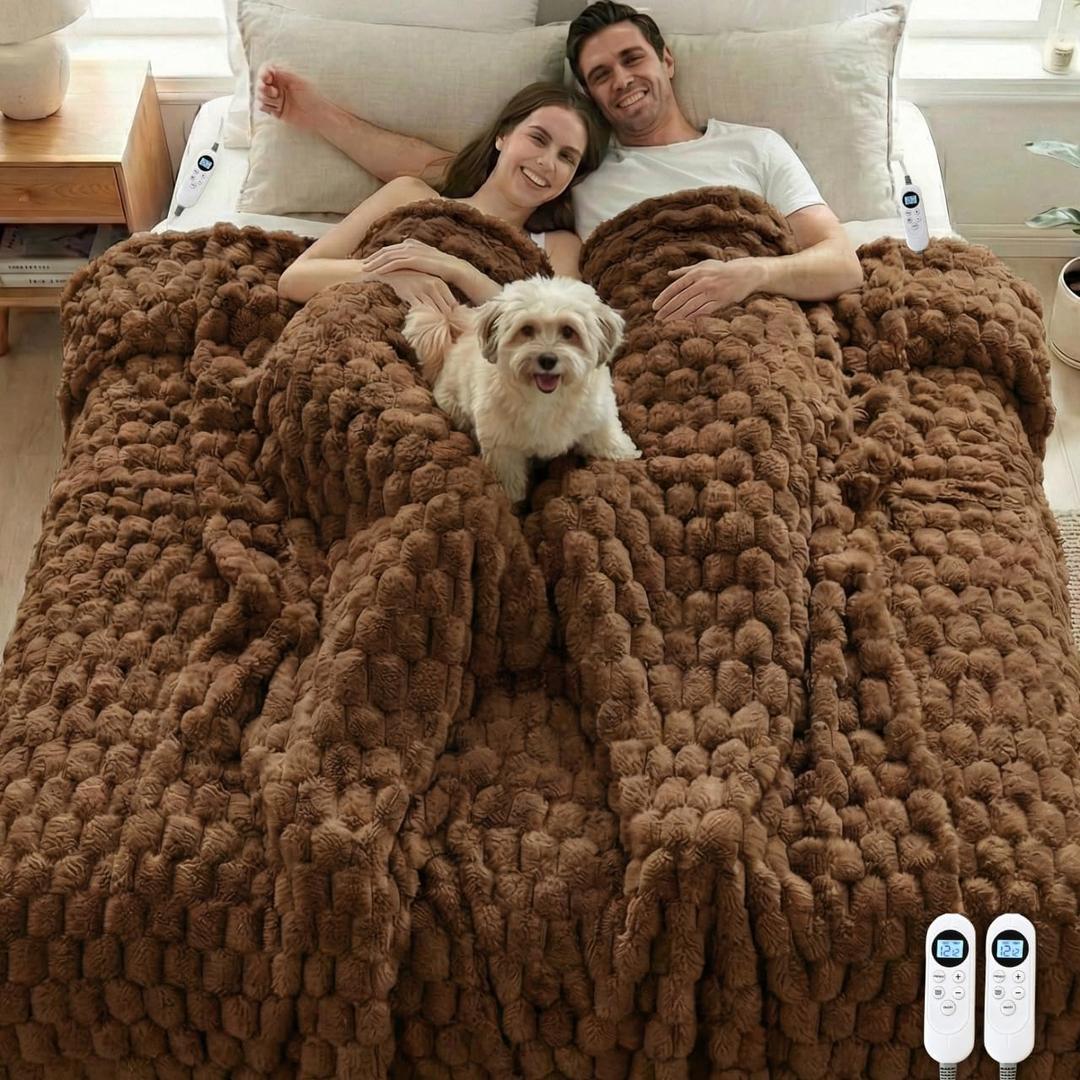 Heated Blanket Electric Blanket Heating, Dual Control Soft Ribbed Faux Fur Electric Blanket with 12 Heat Levels 12H Timer ETL FCC Certified Machine Washable (Camel, King Size - 90" x 100")