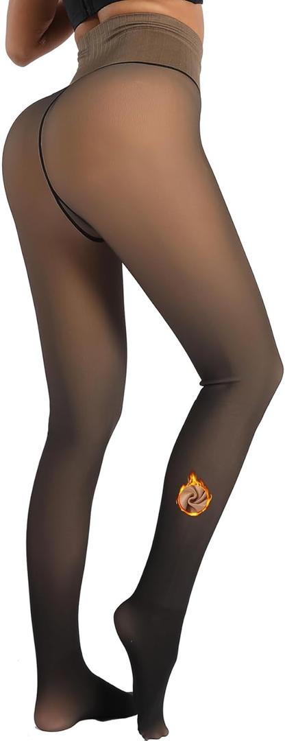 MERYLURE High Waist Fleece Lined Tights Women Skin Tone, Fake Translucent Winter Warm Pantyhose Thick Thermal Leggings (Black, S)