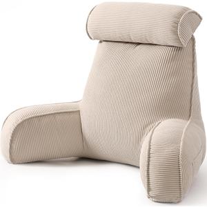 Reading Pillow for Sitting Up in Bed, Corduroy Backrest Pillow with Arms, Side Pocket & Washable Cover, Bed Rest Pillow Back Support for Adults, Beige Gray