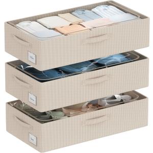 3Pcs Under Bed Storage Bins with Metal Frame - Shoe Organizer for Closet with Clear Cover Oxford Fabric Sturdy Underbed Container Foldable Stackable Clothes Organizer (Beige, 23.5x11.8x6.3)