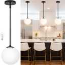 Bagood 8" Globe Pendant Light Black Mid Century Modern Light Fixture Milk Glass Pendant Light Globe Pendant Lights Kitchen Island Matte Black Finished with Milk Glass Lampshade for Dining Room