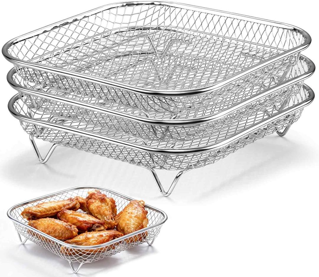 P&P CHEF 7.72 Inch Square Air Fryer Rack Set of 3, Stackable Stainless Steel Air Fryer Basket Accessories, Deep Dehydrator Racks Frying Baskets for Baking Roasting, Oven & Dishwasher Safe