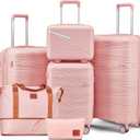 TRAVELEO 6 Piece Luggage Set PP Hardshell, Expandable Suitcase Set with Spinner Wheels (20/24/28), Includes 14" Cosmetic Case, Travel Duffel & Toiletry Bag, Lightweight TSA Lock Nested Set (Pink)