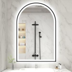 24x36 Arched Black LED Mirror for Bathroom with Frontlit & Backlit, LED Bathroom Mirror with Metal Frame, Anti-Fog, Stepless Dimmable, 3 Color Temperature