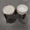 Ceramic 1.2 Cup Raised Slow Feeder Dog Bowl Set, Elevated 6.1inch Bowl and 7.3inch Slow Feeder Dish with Acacia Wood Stand for Small and Medium Dogs (2 x Reactived Glaze -White+ Stand)