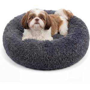 Calming Donut Dogs Beds for Small Dogs Washable,23inch Plush Round Pet Bed for Cozy Sleep,Fluffy Faux Fur Large Cat Bed,Fits up to 25 lbs Pets,Dark Grey