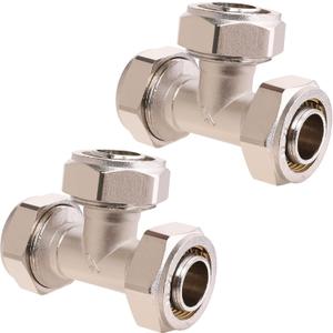 2PCS 3/4 Tee Air Piping Fittings, 3/4 Tubing x 3/4 Tubing x 3/4 Tubing, Brass-Nickel Plated, 200PSI Working Pressure, Air Line Fittings for Shop Garage Compressed Air Tube System
