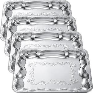 FoldTier 4 Pack Silver Serving Trays Set for Party, Butterfly Floral Silver Platter Engraved Mirror Tray, 15.8 x 11.6 Inches Elegant Metal Plate for Christmas Food Appetizer Cookies Desserts