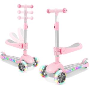 Kids Scooter with Seat, 2 in 1 Kick Toddler Scooter with LED Light-Up Wheels and Light up Deck, 4 Adjustable Heights, Lean to Steer, 3 Wheels Scooter Suitable for Boys & Girls Ages 2-8 Years