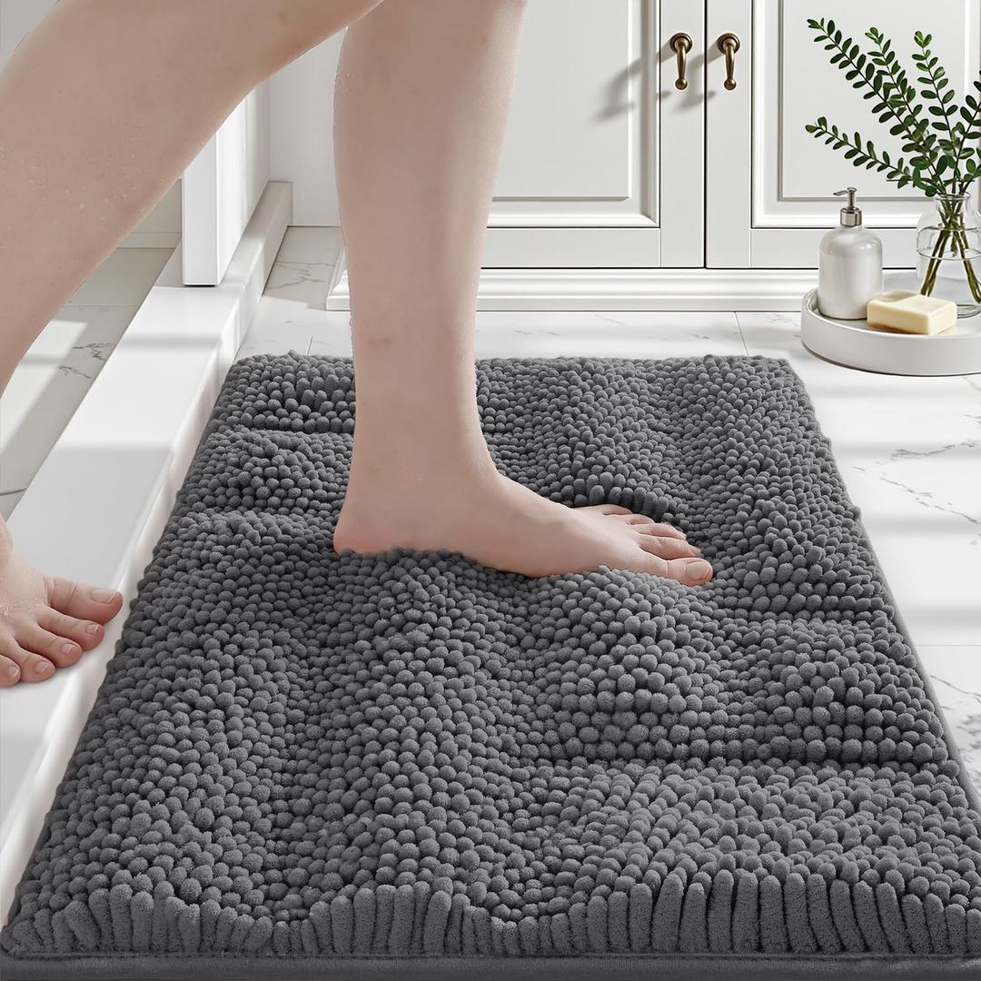 LUMI Luxury Chenille Bath Mats Ultra Absorbent, Plush Fluffy Bathroom Rug with Non-Slip Backing, Soft High Pile Bath Rug for Shower Floor, Tub, 16x24, Grey