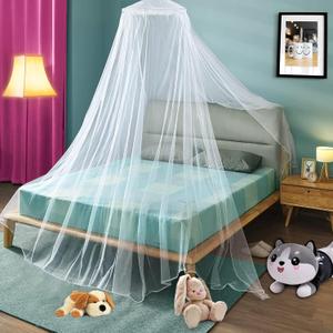 Bed Canopy, Princess Bed Curtain Net for Single to King Size, Canopy Bed Curtains Round Lace Dome Cover for Girls Boys Adults, Bedroom Decoration Bed Canopy with Strong Sticky Hook Easy Install, White