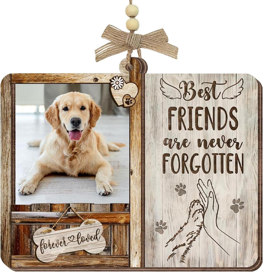 4 x Dog Memorial Photo Frame Ornament, Personalized Picture Frame Ornament for Pet Remembrance, Wooden Photo Keepsake for Tree Decorations, Sympathy Gifts for Loss of Dog