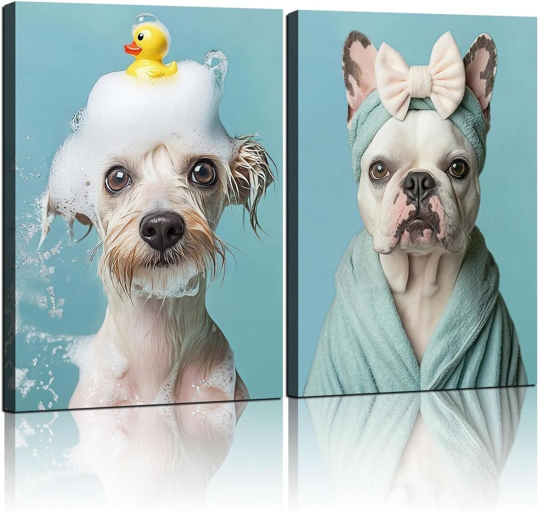2Pcs Framed Dog Funny Bathroom Wall Art Decor Canvas Print Picture Gallery Bathroom Poster Cute Pet Art Print Wall Decor Home Spa Laundry Room 12x16 Inch Ready to Hang