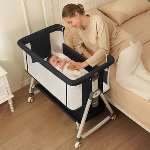 3 in 1 Bedside Bassinet for Baby, Easy to Assemble & Portable Bedside Crib for Newborns with Storage Basket, Lockable Wheels & Breathable Mattress, 6-Position Height Adjustment