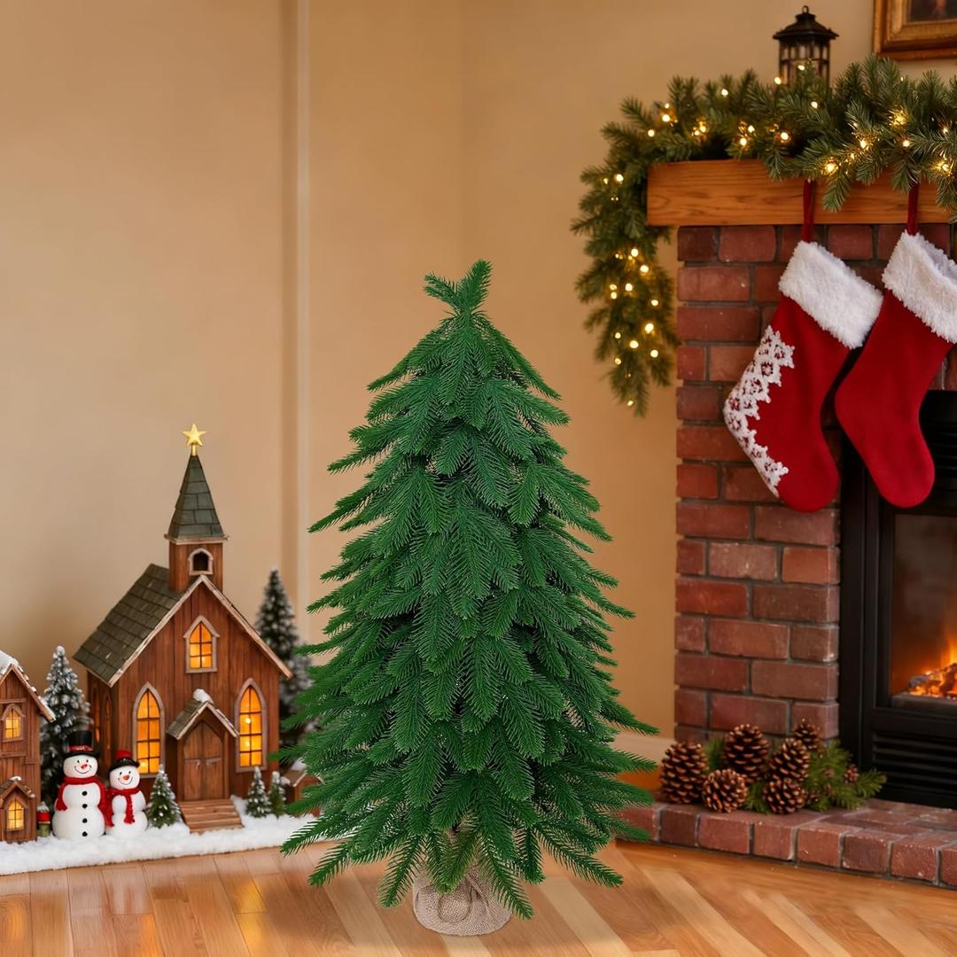 3FT Small Mini Christmas Tree for Tabletop, 1PC Artificial Desktop Christmas Tree with Norfolk Pine Top Design, Small Xmas Tree with Burlap Base for Table Desk Home Christmas Decor