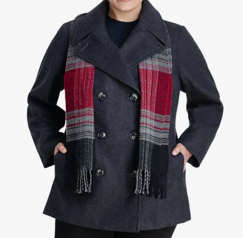 Womens Plus Scarfed Double Breasted Pea Coat 2X