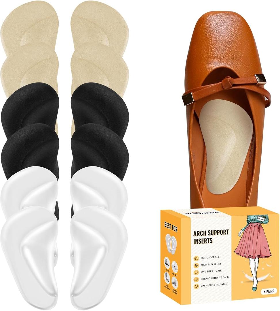 Arch Support Inserts for Women Flat Feet (12 Pieces), Soft Gel Arch Support Insoles for Plantar Fasciitis, Reusable Arch Pads for Foot Pain Relief, One Size Fits Any (Beige + Black + Clear)