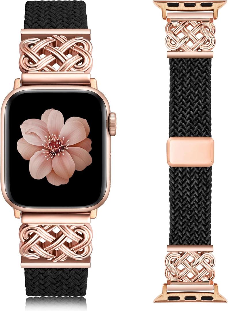 TOYOUTHS Braided Magnetic Band Compatible with Apple Watch Bands 38/40/41/42/44/45/46/49mm Women Men, Dressy Celtic Metal Stretchy Elastic Strap for iWatch Series 11 10 9 8 7 6 5 4 SE/Ultra 3 2 1 (Black/Rose Gold)