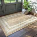 OJIA Modern Bordered Washable Rug 3'x5', Printed Non Slip Rug for Living Room Soft Bedroom Entry Mat Non-Shedding Accent Carpet Indoor Door Mat Small Carpet for Entryway Kitchen Bathroom Office (Beige)