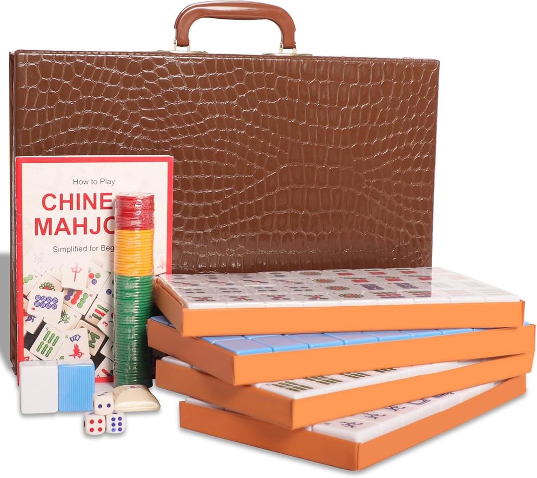 Chinese Mahjong Set, Mahjong Game Set with 146 Numbered Large Tiles (1.5", Blue), Mahjong Tiles Set with Brown Carrying Case