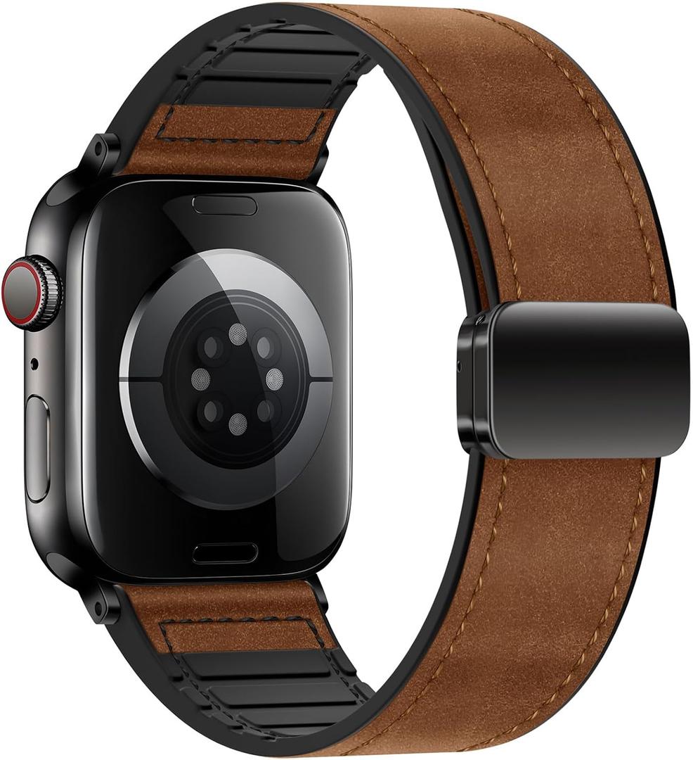 Genuine Leather Band Compatible with Apple Watch Band 44mm 45mm 46mm 49mm for Men Women,Adjustable Magnetic Strap Top Grain Leather Wristband for iWatch Series 11 10 9 8 7 6 SE 5 4 Ultra 3 2 1 (Horse-Reddish Brown)