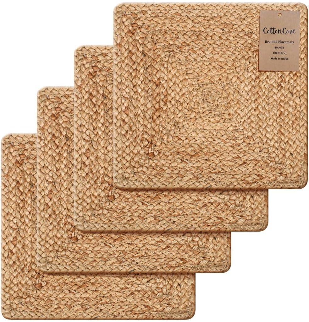 Jute Braided Placemats Set of 4-100% Jute Nonslip 14x14 inch Square Farmhouse Vintage Placemats for Dining Table - Perfect for Indoor Outdoor Natural Jute Placemats
