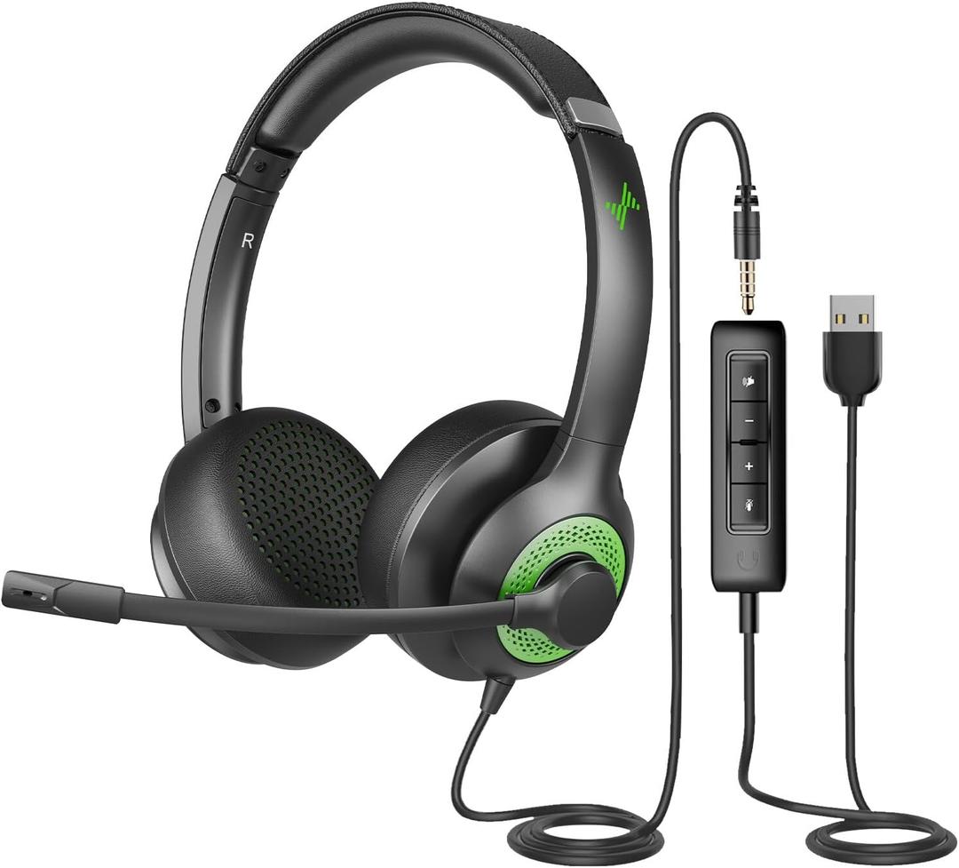 JIAMQISHI USB Headset with Mic for PC, On-Ear Computer Laptop Headphones with Noise Cancelling Microphone in-line Control for Home Office Online Class Skype Zoom (USB+3.5mm, Green)