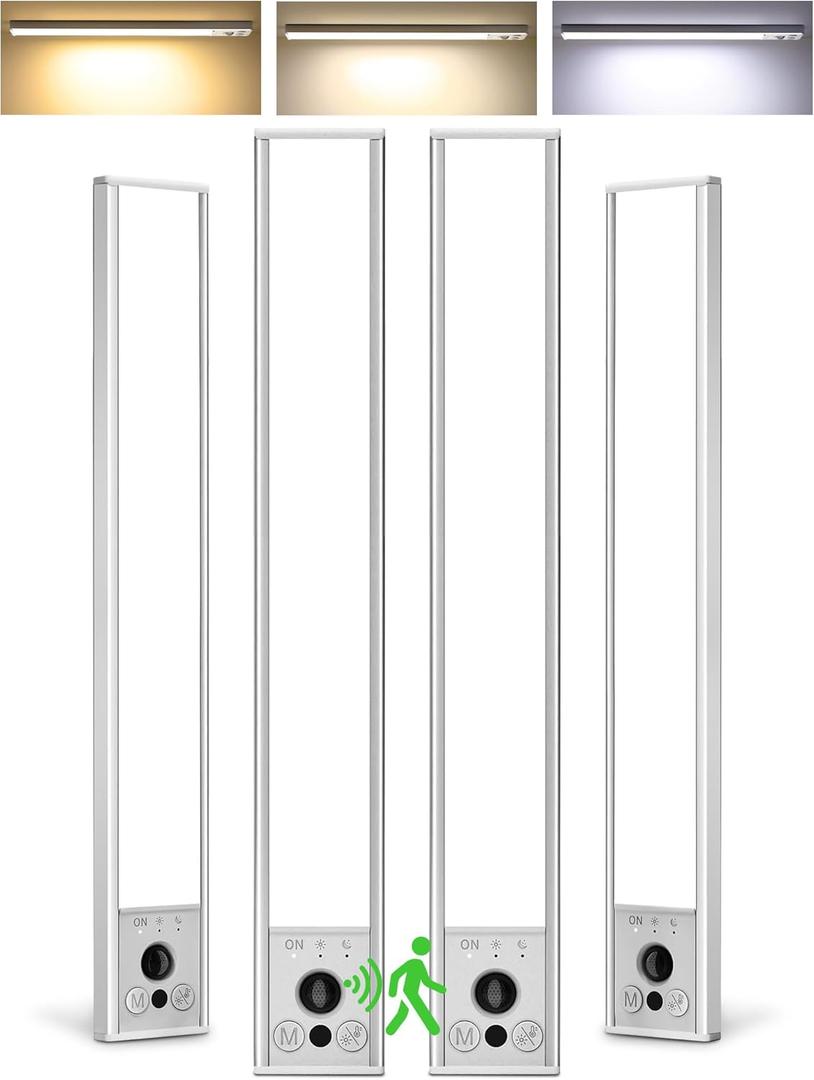 EZVALO 4-Pack Under Cabinet Lighting, 4000mAh Rechargeable Motion Sensor Light Indoor, with Dimmable & 3 Color Temps, Magnetic Closet Lights, Wireless Under Counter Lights for Kitchen (16.5inch) (White)