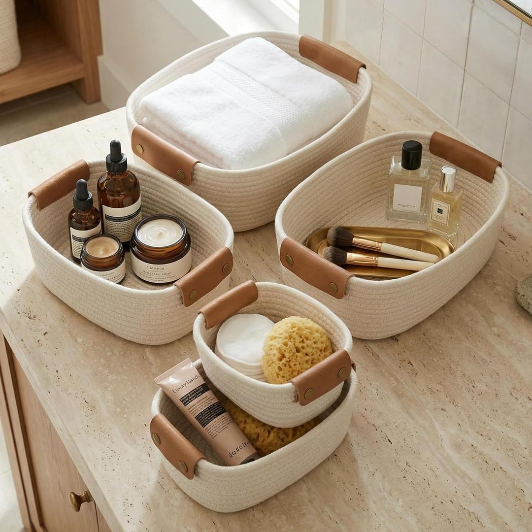 3 x Beautiful Storage Basket Set of 5 - Sturdy Cotton Rope Baskets for Shelves Are Perfect for Organizing Your Home - Quality Storage Bins Easily Fit With Any Nursery or Bedroom Decor
