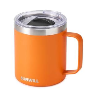 SUNWILL Insulated Coffee Mug with Lid, Travel Tumbler with Handle, 14 oz Stainless Steel Cup for Camping, Office, Home, Powder Coated Orange