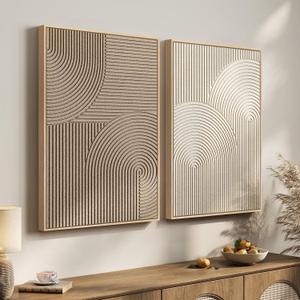 Large 3D Textured Framed Neutral Abstract Wall Art Set, 2 Piece Modern Minimalist Paintings Artwork for Walls, Beige Brown Geometric Line Pictures for Living Room Bedroom Hallway Wall Decor 24x36 In