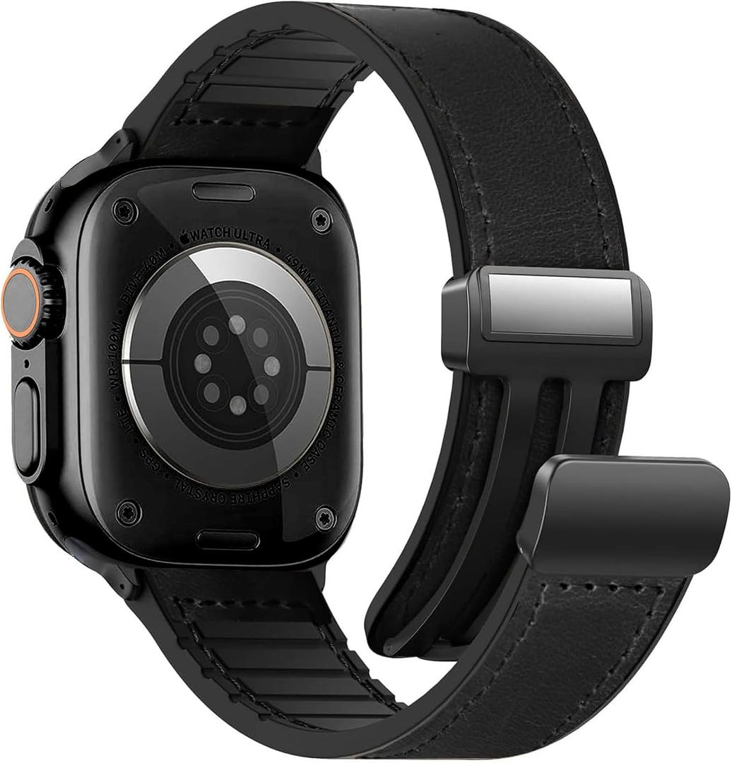 Magnetic Leather Bands Compatible with Apple Watch 49mm 46mm 45mm 44mm 42mm(Series 3/2/1) for Men Women, Genuine Leather with Magnetic Buckle for iWatch Ultra 1/2 Series SE/10/9/8/7/6/5/4/3