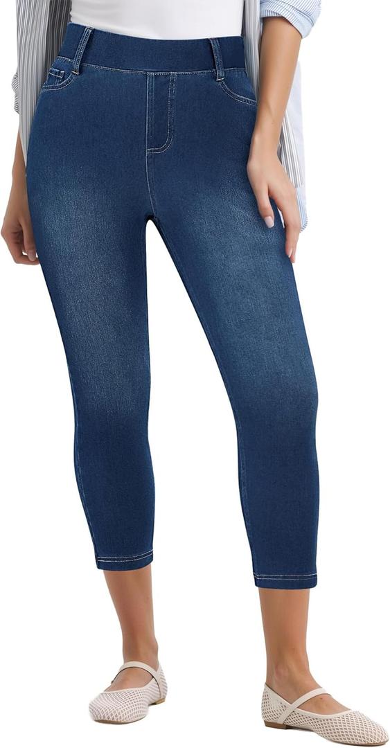 GRAPENT Capri Jeans for Women Skinny High Waisted Pull On Elastic Waist Knit Jeggings Comfy Stretchy Denim Capris Pants (Large, Brilliant Blue)