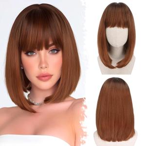 BARSDAR Short Bob Auburn Wig With Bangs - Short Auburn Bob Wig for Women, Thick Soft Synthetic Straight Natural Looking Daily Fun Halloween Cosplay Party Colorful Bobs Copper Redhead Wigs