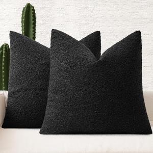 MIULEE 20x20 Inch Decorative Pillow Covers for Couch Bed Set of 2 Textured Boucle Neutral Throw Pillows Black Accent Solid Cushion Pillowcase Cozy Soft Sofa Livingroom Home Decor