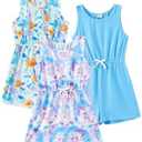 PATPAT Girls 3 Pack Rompers 10- 11 Years Floral Summer Rompers Elastic Waist Sleeveless Jumpsuits Cute Outfits