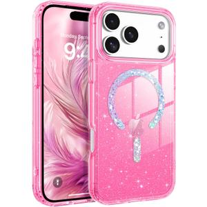 BENTOBEN Magnetic for iPhone 17 Pro Max Case, Clear Crystal Glitter Bling 17 Pro Max Phone Case [Compatible with MagSafe], Shockproof Sparkly Cute Women Girl Cover for iPhone 17 Pro Max, Hot Pink