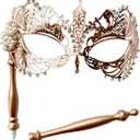 WILOVCOS Venetian Metal Masks for Womens,Masquerade Mask with Stick,Mardi Gras Cosplay Party Mask (Rose Gold)