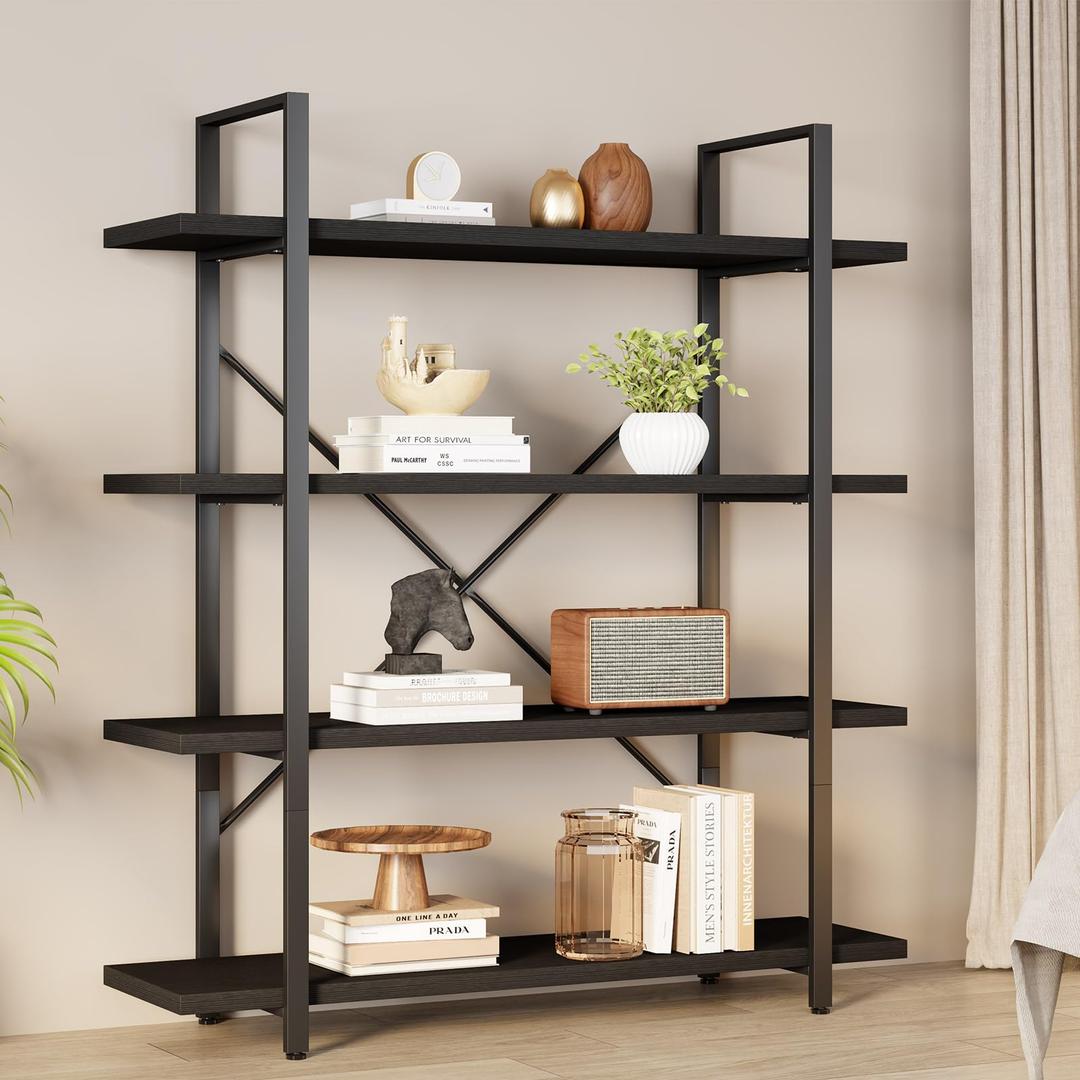 HSH 4 Tier Black Bookshelf, Industrial Metal Wood Storage Book Shelves
