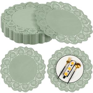 MCEAST 100 Pack Round Sage Green Paper Doilies 13.5 Inches Lace Paper Place Mats Rustic Scallop Doily Disposable Table Pads for Food Cakes Crafts Party Weddings Tableware Decor