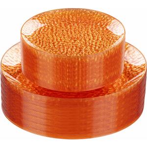 Rubtlamp 60Pcs Orange Plastic Plates, Orange Plastic Disposable Plates With Hammered Design, Party Platos Fancy Disposable Platos Include 30Dinner Plate,30Desssert Plate For Party