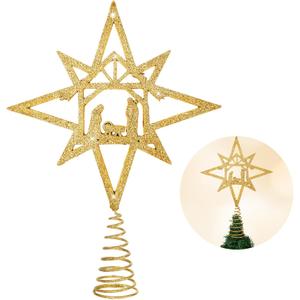 Daifunli Gold Christmas Tree Topper Nativity Scene Bethlehem Star Tree Topper Wooden Star Tree Topper Christmas Tree Ornaments Xmas Table Decor for Indoor Winter Holiday Party Supplies