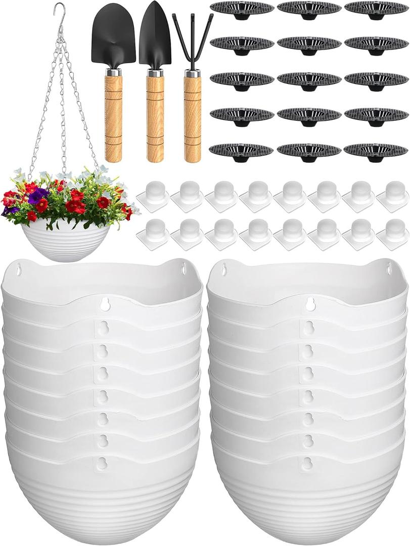 Eccliy Hanging Planters, Set of 16 Pcs Plastic Hanging Pots White Flower Plant Pots Baskets Hanging Chains Drainage Plugs Water Barrier with Small Garden Tools Set for Outdoor Indoor Home Garden