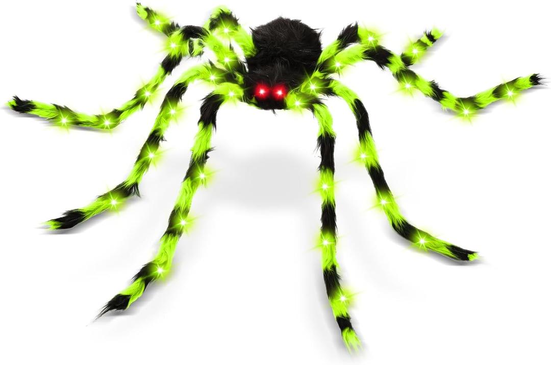 59" Giant Halloween Light Up Spider, Hairy Green Glowing Spider with LED Lights, Scary Indoor Outdoor Halloween Decorations for Yard, Porch, Tree, Haunted House