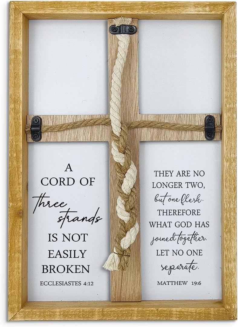 A Cord of Three Strands Wedding Sign 15"X10" Three Strands Braid Wall Decor Anniversary Religious Gifts for Couple Cross to Braid or Tie God's Knot, Symbolic of Unity (Wood)