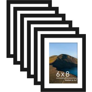PEALSN 6x8 Picture Frame Set of 6, Display Pictures 5 x 7 with Mat or 6 x 8 Without Mat for Wall Mounting or Table Top Display, Photo Frames Collage for Wall Decor, Black.