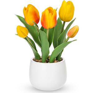 Hollyone Yellow Tulips Artificial Flowers in Vase Fake Tulips Silk Flowers Arrangements Faux Tulip Bulbs with Ceramic Pot Tulip Potted Plants Floral Bouquet for Home Decor Table Centerpiece Decoration