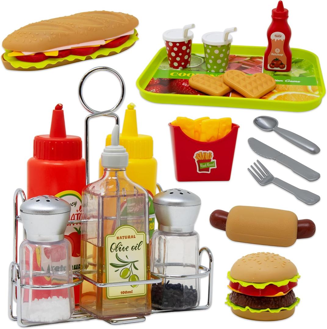 Kiddie Play Food Sets for Kids Kitchen  Fast Food & Condiment Set with Burger, Hot Dog, Fries, Drinks & Sauce Bottles Realistic Toy Food for Toddlers