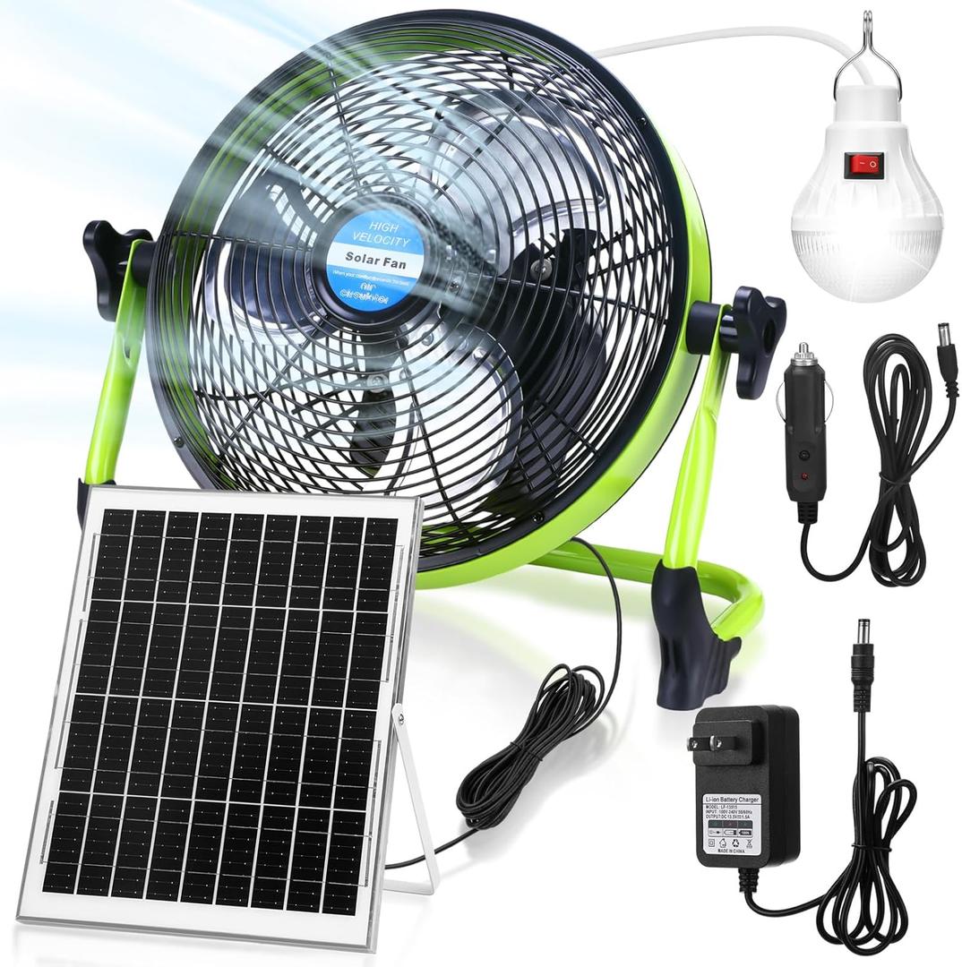 Sumind 10 Inch Portable Rechargeable Fan, 15000mah 20w Battery Powered, Solar Powered Camping Fan with Panel and Light for Outside, Home, Travel, Chicken Coop, Dog House, Shed, Greenhouse